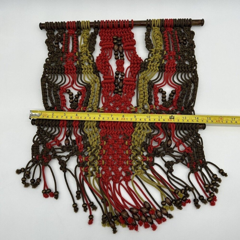 Macrame Wall Hanging Boho Wood Rod Green Red Brown Beads Striped Rope Art Nylon - Picture 7 of 7